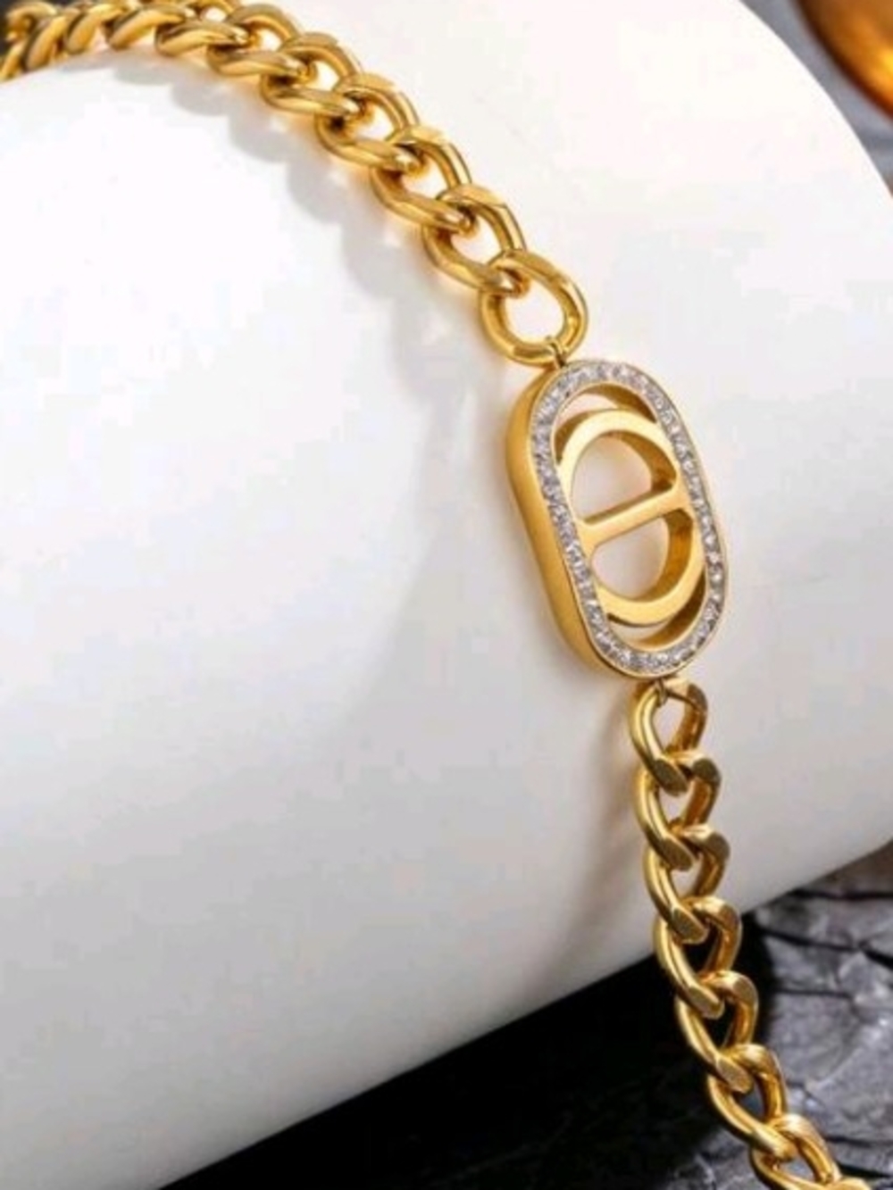 Gold Cuban Link Bracelet with Pavé Oval Charm